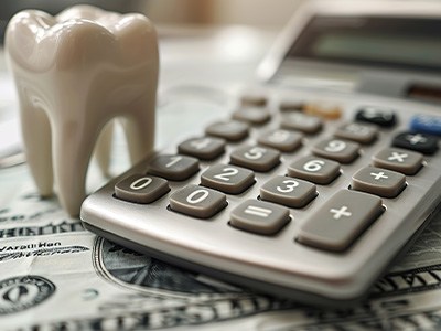 Tooth next to calculator on top of dollar bills