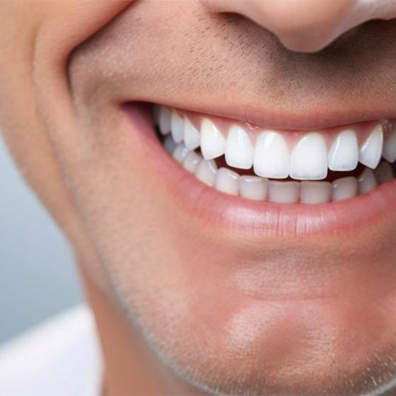 Close-up of man’s smile with perfect teeth after smile makeover